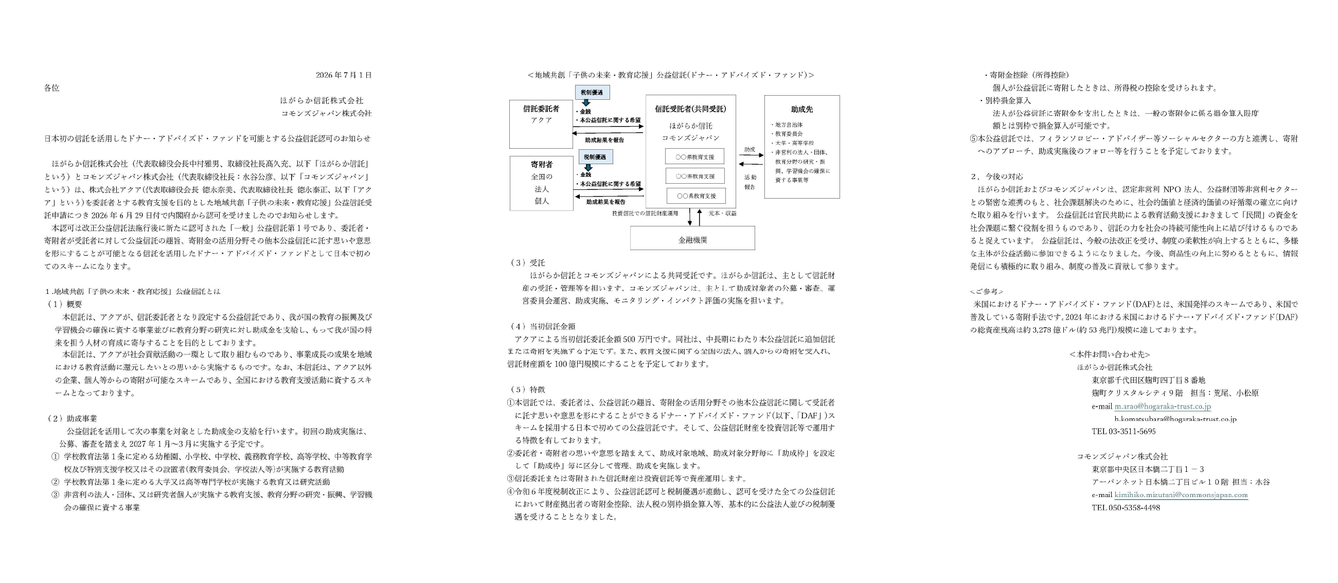 地域共創「子供の未来・教育応援」公益信託の認可に関するお知らせ